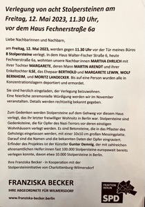Verlegung von acht Stolpersteinen am  Freitag, 12. Mai 2023, 11.30 Uhr,  vor dem Haus Fechnerstraße 6a