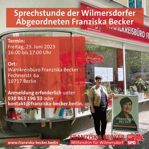 Einladung zur Bürgersprechstunde von Franziska Becker am Freitag, 23. Juni 2023, 16.00-17.00 Uhr